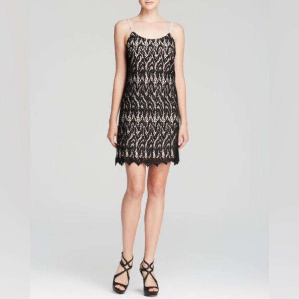Alice + Olivia Metallic Black Nude Lace Emmie Slip Dress Knit Women’s